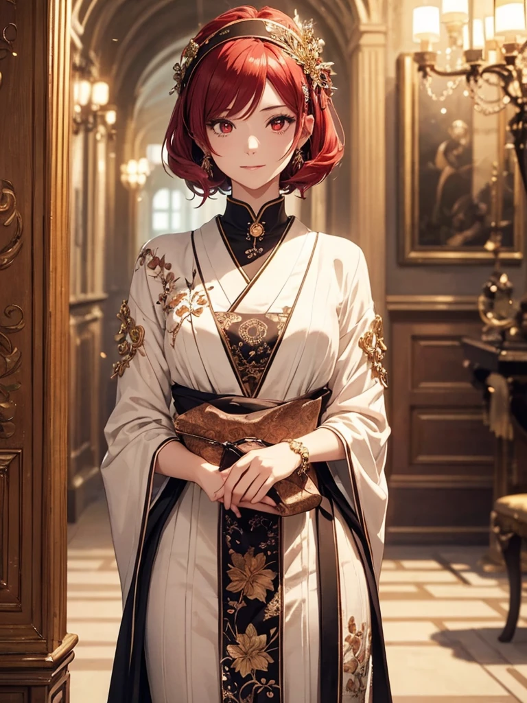 beautiful young woman, anime style, detailed face, red hair, red eyes, delicate features, soft lighting, wearing a stylish fantasy outfit, ready to go out, holding a small bag, standing in a beautifully decorated room, ornate furniture, magical elements, excited expression, dynamic pose, fantasy setting, Japanese anime style, high quality, highly detailed, 8k resolution, cinematic lighting, best quality, vibrant colors, Instagrammable, aesthetic, trendy