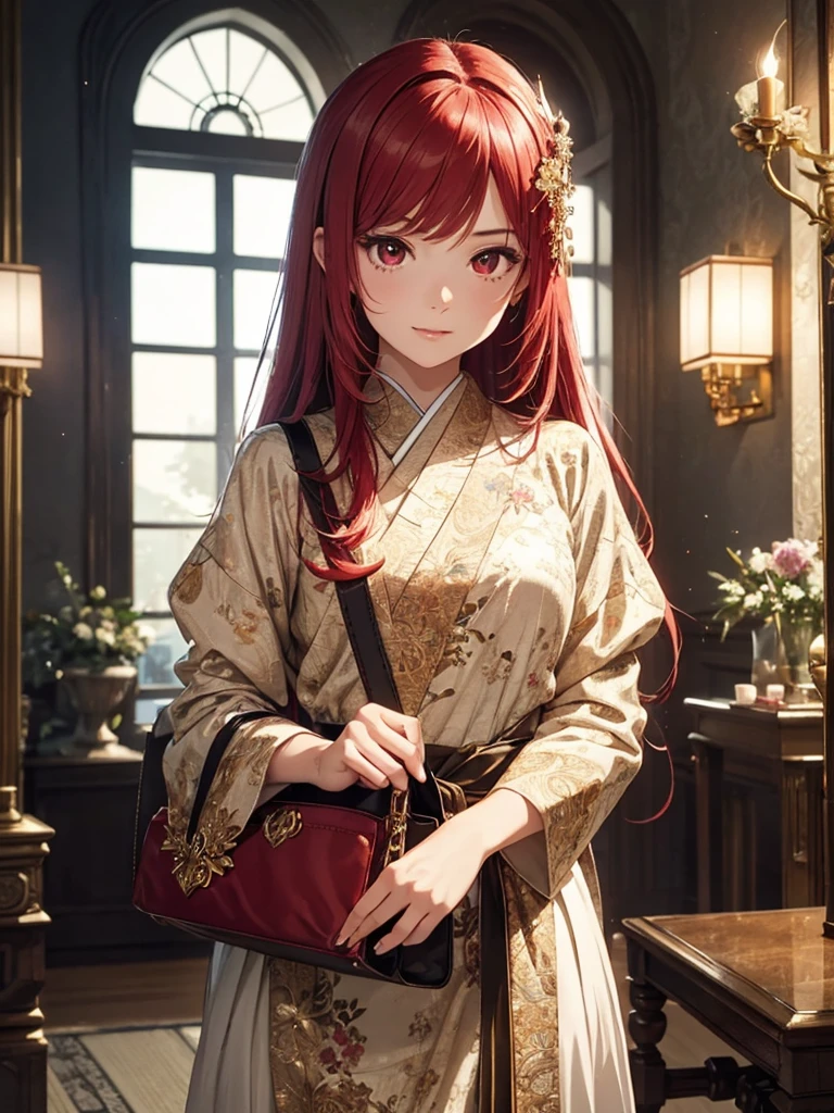 beautiful young woman, anime style, detailed face, red hair, red eyes, delicate features, soft lighting, wearing a stylish fantasy outfit, ready to go out, holding a small bag, standing in a beautifully decorated room, ornate furniture, magical elements, excited expression, dynamic pose, fantasy setting, Japanese anime style, high quality, highly detailed, 8k resolution, cinematic lighting, best quality, vibrant colors, Instagrammable, aesthetic, trendy