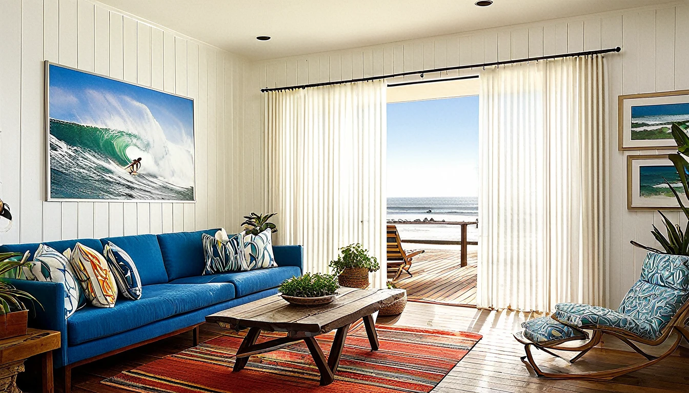 Create a vivid and detailed description of a typical American West Coast home. The living room features wood wallpaper and a wooden deck. A surfboard serves as a decorative piece, and a poster of a surfer hangs on the wall. The room is furnished with a blue sofa and white cushions. Whimsical white curtains adorn the windows, which offer a stunning view of the ocean on a bright morning. The atmosphere is serene and inviting, with a potted plant adding a touch of greenery to the space. A pendant light hangs from the ceiling, casting a warm glow over the area. Describe the scene in 16,000 words, focusing on the textures, colors, and overall ambiance of the space.