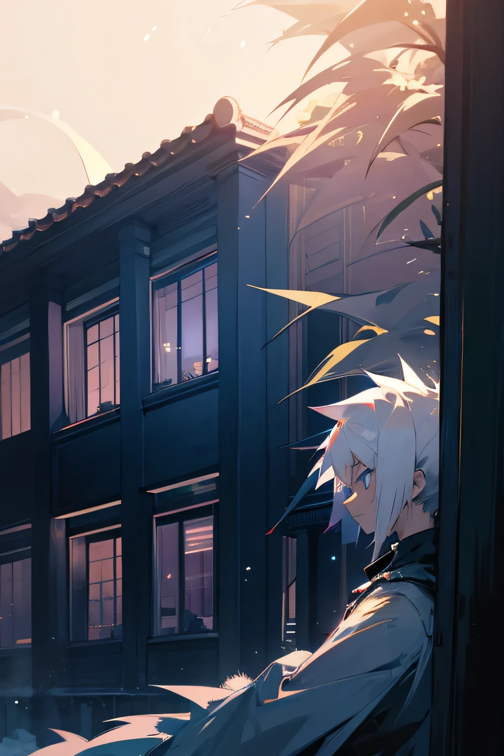 God, house, outside, white hair, spiky hair, night.