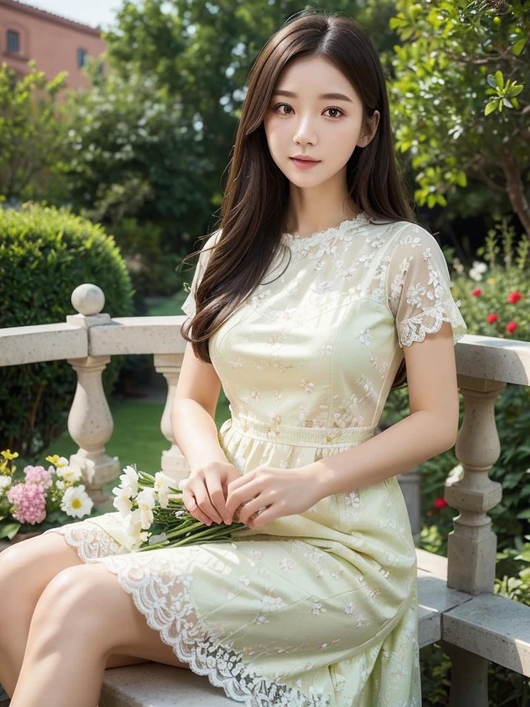 A flower field、Salmon pink long dress 、(Highest quality)), (Very detailed), ((Very detailed)), 4K, (8k), Highest quality, One person,Kind Face、Soft Light、RAW quality、Heel、Thighs