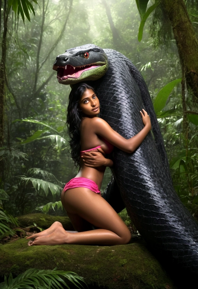  Topless  pink thong wearing aroused horny beautiful happy  Indian teen  vs  Giant black anaconda monster wrapped around her body squeezing her in coiled embrace cuddling and kissing  sexual erotic bestiality  sex  realistic in the rainforest full body, best quality wet 