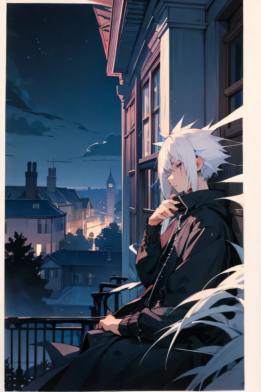God, house, outside, white hair, spiky hair, night.