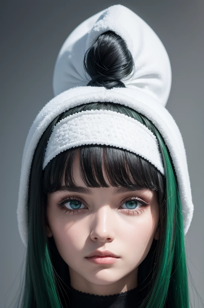 Rosto redondo.
Olhos verdes escuro
Cabelo preto e longo
Branca como a neve.