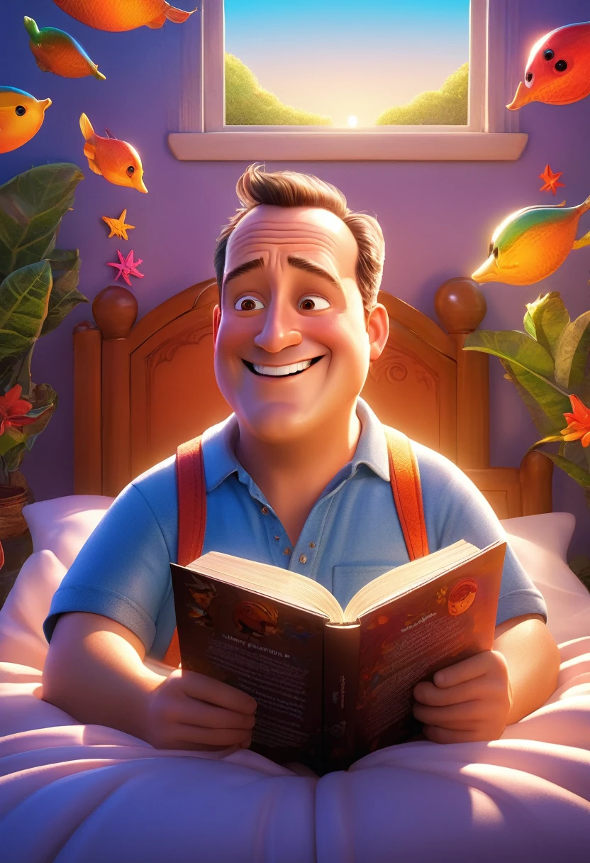 (bright and vibrant colors), (highres), (realistic:1.37), Disney Pixar Movie poster, Kevin James, skinny, no muscle, 55 years old man, at bed side of his sun,(beautiful detailed eyes:1.1), (beautiful detailed lips:1.1), smiling with a warm expression, (charming appearance:1.1), (professional lighting), (ultra-fine rendering), upper body shot, (expressive facial features:1.1), reading a book to his sun, (the sun sleeping deeply:1.1), surrounded by magical elements representing different Pixar movies, (dynamic composition), (whimsical details), (playful characters), vibrant background, filled with color and joy, (3D render), (fantastical art style), (nostalgic aesthetic), (attention to detail:1.1).