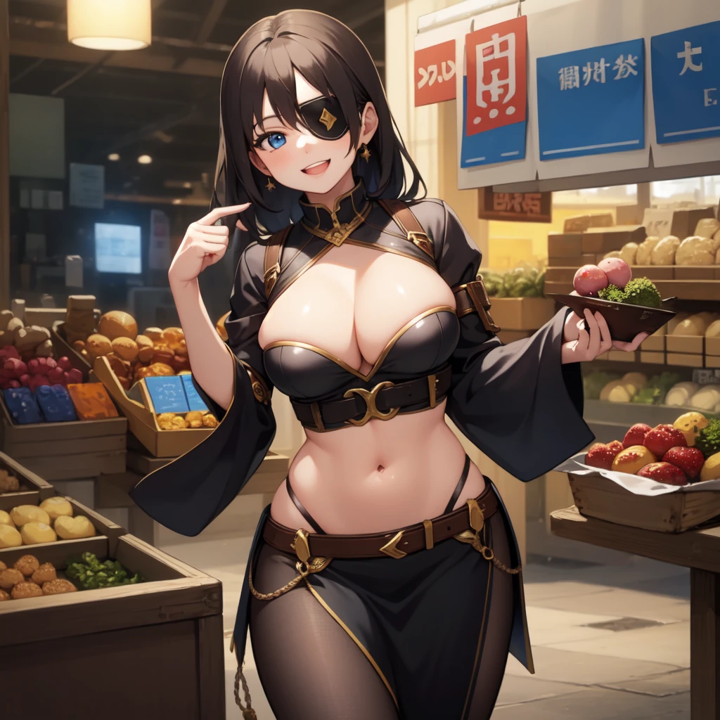 highest quality、Ultra-high resolution、Fantasy、roleplaying game、Sexy woman with eyepatch、Smiling、At the market