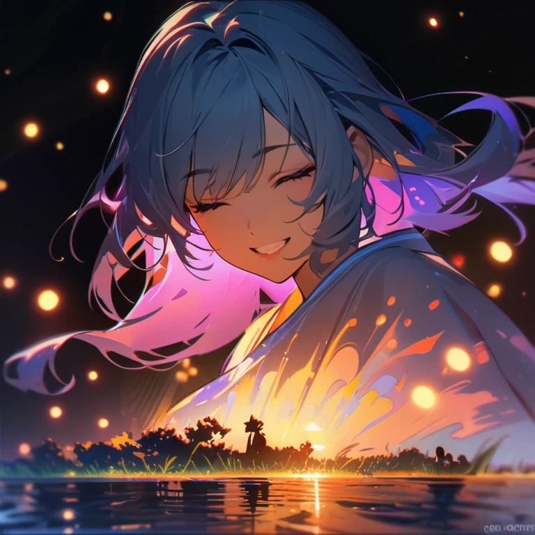 (best quality,8k,highres, masterpiece:1.2), (silhouette art),ultra-detailed, HDR, UHD, studio lighting, ultra-fine painting, sharp focus, physically-based rendering, extreme detail description, professional, vivid colors, bokeh, portraits, concept artists, warm color palette, dramatic lighting,Summer night,silhouette woman in navy kimono, updo, big smile, closed eyes, smile towards the screen, quiet lakeside, grass growing around,many fireflies flying, (beautiful hair, glowing skin,)Multiple Exposure,