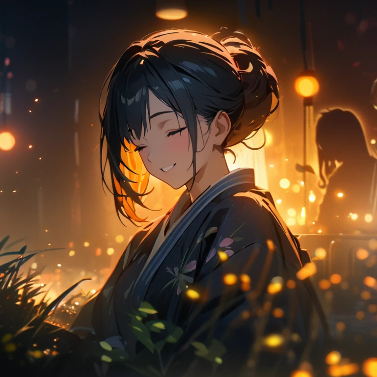 (best quality,8k,highres, masterpiece:1.2), (silhouette art),ultra-detailed, HDR, UHD, studio lighting, ultra-fine painting, sharp focus, physically-based rendering, extreme detail description, professional, vivid colors, bokeh, portraits, concept artists, warm color palette, dramatic lighting,Summer night,silhouette woman in navy kimono, updo, big smile, closed eyes, smile towards the screen, quiet lakeside, grass growing around,many fireflies flying, (beautiful hair, glowing skin,)Multiple Exposure,