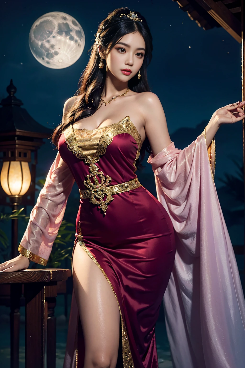 The art depicts a charming woman dressed in a flowing, silky traditional oriental dress decorated with intricate patterns and bright colors. Her dress drapes elegantly over her curvy figure, accentuating her seductive silhouette. She stood gracefully in the quiet moonlit night, bathed in the soft glow of the moonlight. The scene exudes an ethereal and dreamy atmosphere, with a touch of mystery and sexiness. The graphic style blends watercolor and digital illustration techniques to evoke a refined beauty and charm. The lights are filled with soft moonlight, casting soft highlights and shadows on her charming features. Bare thighs, detailed fingers