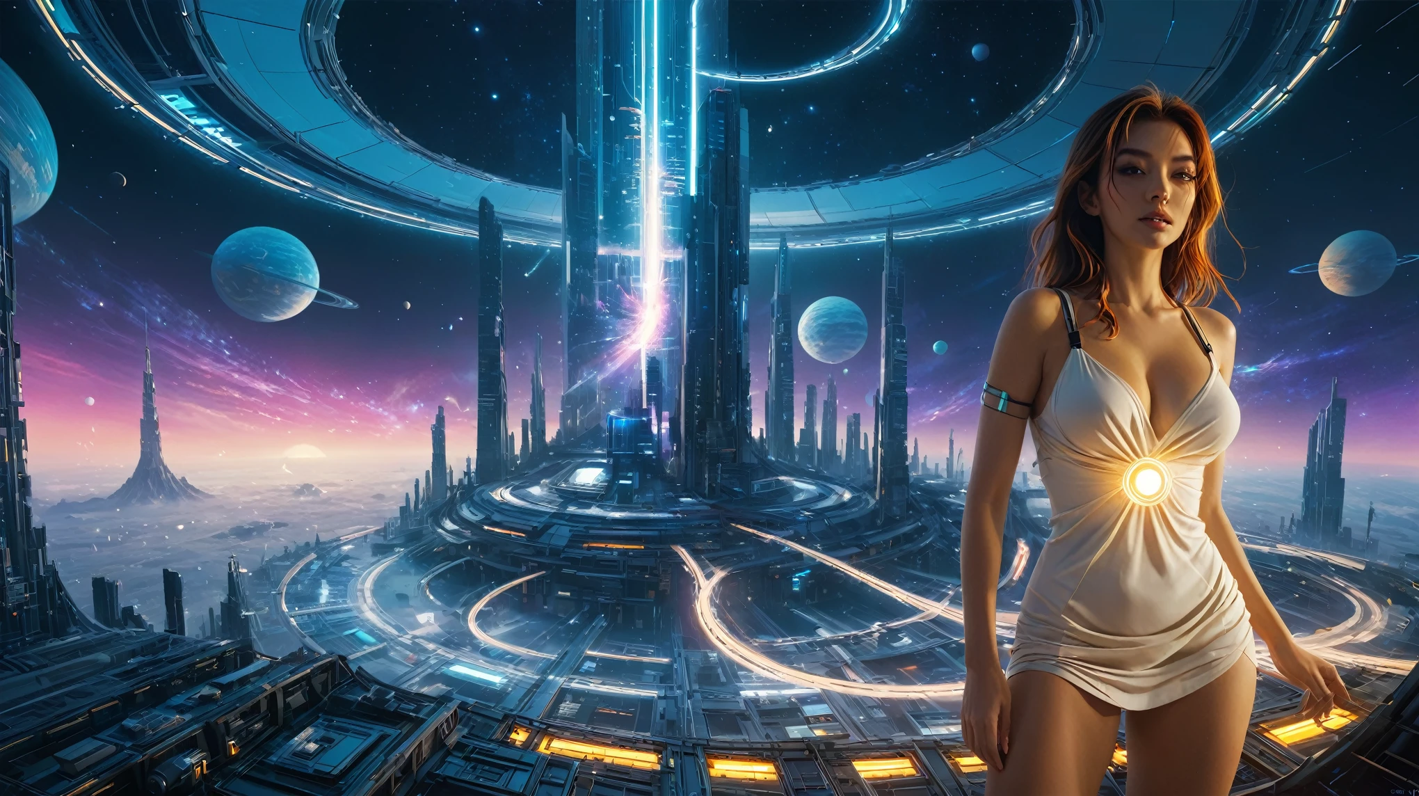 brightly colored abstract image of a space station with a spiral, epic beautiful space scifi, chaotic cinematic space rift, greg beeple, planets colliding, beeple and tim hildebrandt, beeple and jean giraud, end of the universe, galaxy space sci-fi, ringworld, by Mike "Beeple" Winkelmann. Matrix style, (((((Matrix cascading code))))), (((((a futuristic twin tower skyscraper with a unique twisted design))))), (((((OLED GUI interfaces in the building))))), at night, (((((1girl, solo))))), photo realistic, (((large-:1.2 slim body, cleavage))), (((off broken mini sling-shirt and black sling bra, extreamly short pleated miniskirt exposing ))), (((((running pose))))), (((((matrix style black sunglasses))))), ((((((((((aiming with a short gun)))))))))), (((((looking at camera))))), (((very low view))), (((((half-body thigh level medium shot))))), (((cinematic lighting))).