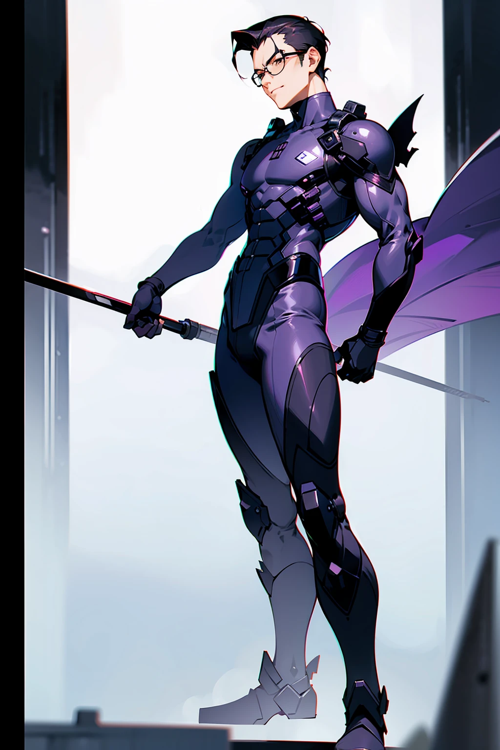 1male, Young Adult, Dark Violet, Eyes Closed, Short Hair, Slicked Back Hair, Dojo Background, Slight Smile, Glasses, Standing In City, Detailed background, Black and White Combat Suit