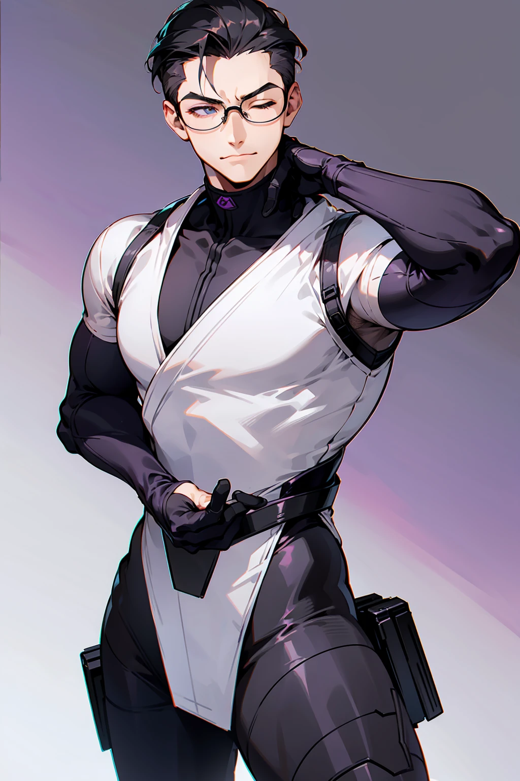 1male, Young Adult, Dark Violet, Eyes Closed, Short Hair, Slicked Back Hair, Dojo Background, Slight Smile, Glasses, Standing In City, Detailed background, Black and White Combat Suit