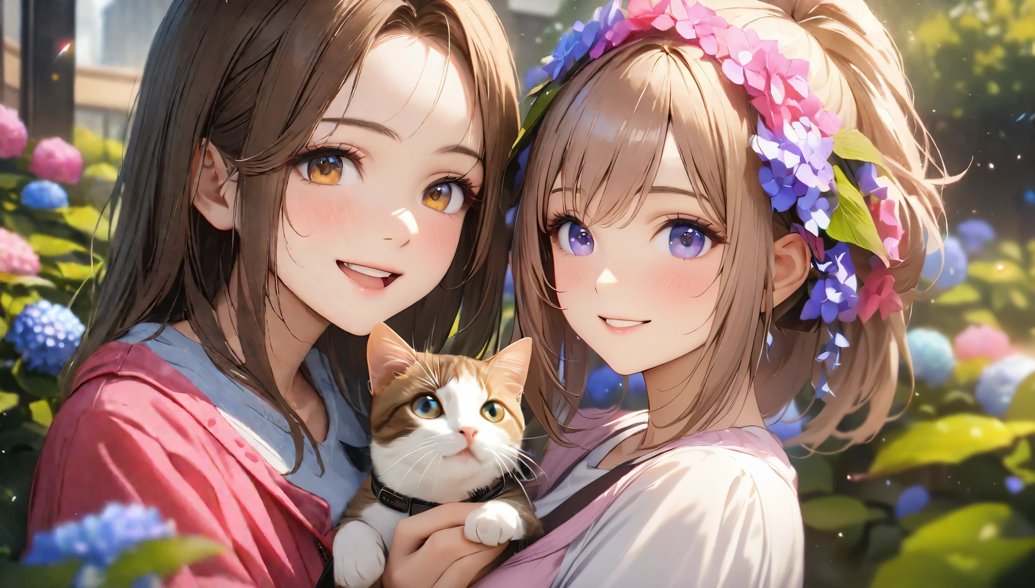 Hydrangea Park, Cute casual clothes,Holding a cat,Blur the background,High school girls,ponytail,smile,Glitter effect,highest quality, 4K, 8k, High resolution, masterpiece:1.2, Very detailed, Realistic:1.37, High resolution, 超High resolution, Ultra-fine painting, Sharp focus, Physically Based Rendering, Very detailedな説明, Professional, Vibrant colors