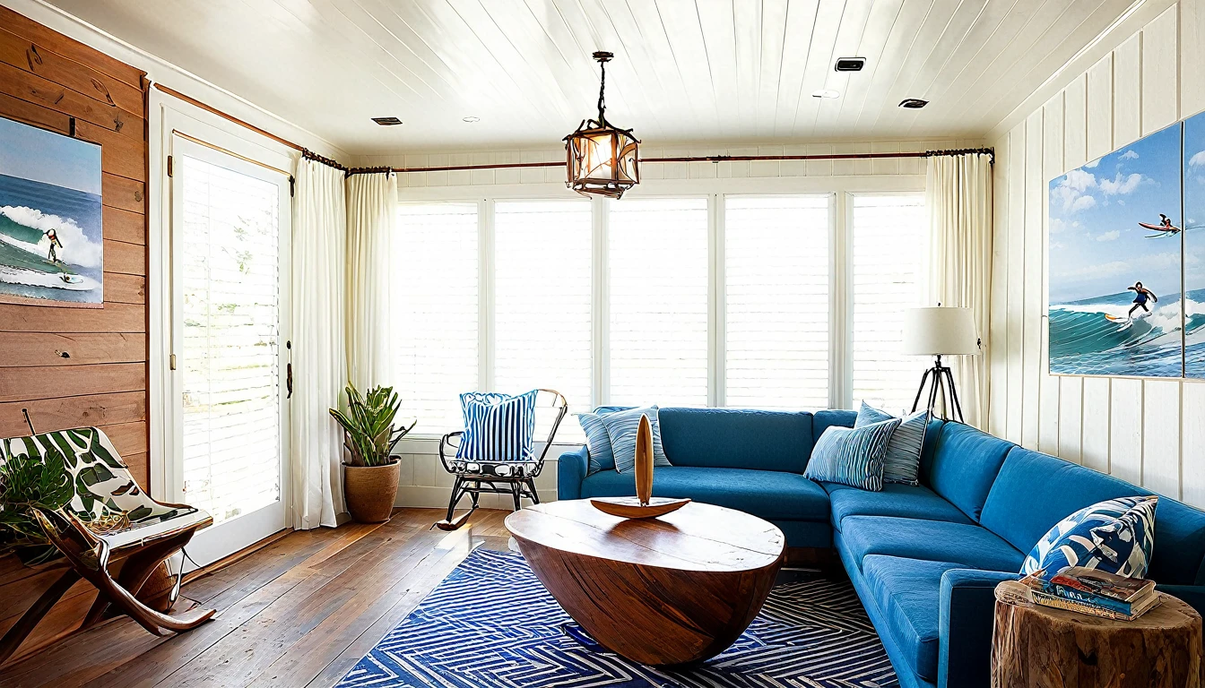 Create a vivid and detailed description of a typical American West Coast home. The living room features wood wallpaper and a wooden deck. A surfboard serves as a decorative piece, and a poster of a surfer hangs on the wall. The room is furnished with a blue sofa and white cushions. Whimsical white curtains adorn the windows, which offer a stunning view of the ocean on a bright morning. The atmosphere is serene and inviting, with a potted plant adding a touch of greenery to the space. A pendant light hangs from the ceiling, casting a warm glow over the area. Describe the scene in 16,000 words, focusing on the textures, colors, and overall ambiance of the space.