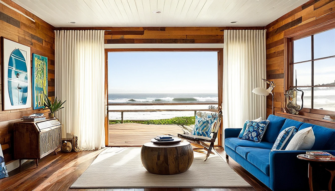 Create a vivid and detailed description of a typical American West Coast home. The living room features wood wallpaper and a wooden deck. A surfboard serves as a decorative piece, and a poster of a surfer hangs on the wall. The room is furnished with a blue sofa and white cushions. Whimsical white curtains adorn the windows, which offer a stunning view of the ocean on a bright morning. The atmosphere is serene and inviting, with a potted plant adding a touch of greenery to the space. A pendant light hangs from the ceiling, casting a warm glow over the area. Describe the scene in 16,000 words, focusing on the textures, colors, and overall ambiance of the space.