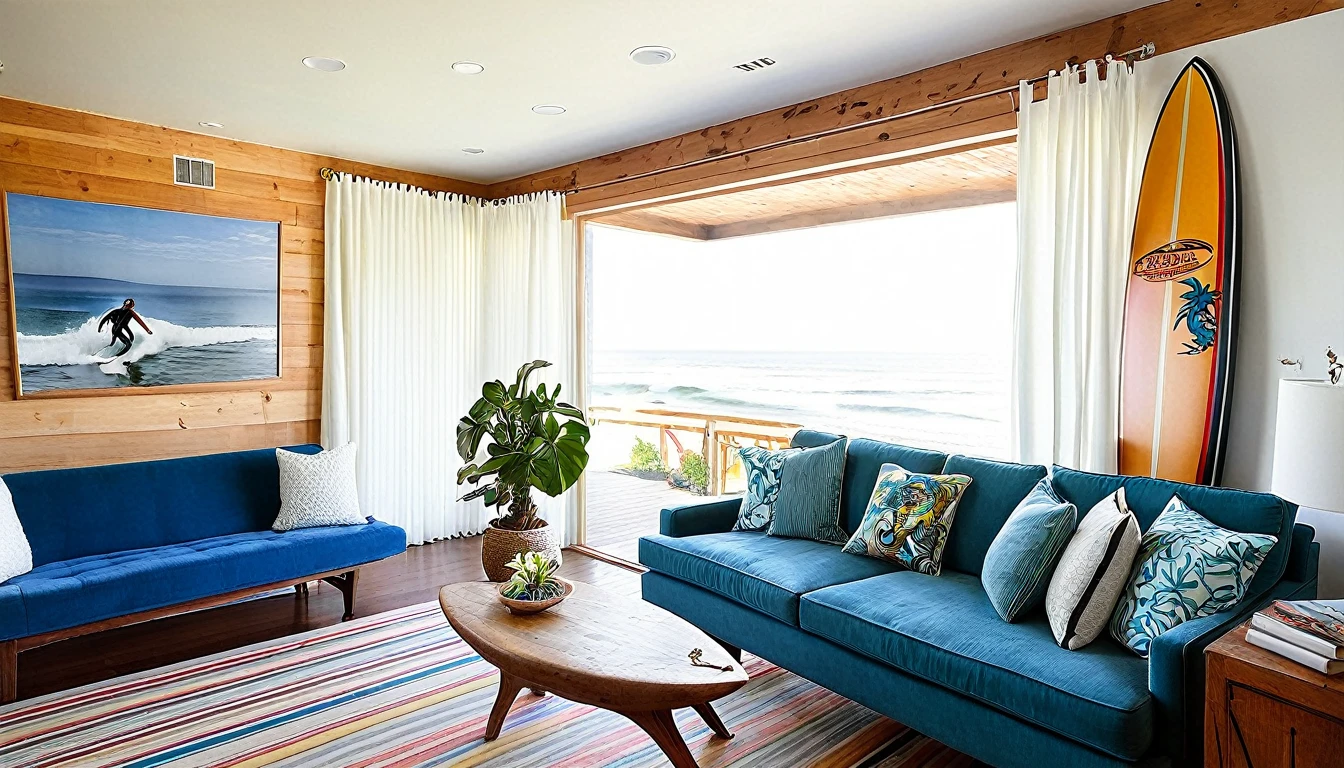 Create a vivid and detailed description of a typical American West Coast home. The living room features wood wallpaper and a wooden deck. A surfboard serves as a decorative piece, and a poster of a surfer hangs on the wall. The room is furnished with a blue sofa and white cushions. Whimsical white curtains adorn the windows, which offer a stunning view of the ocean on a bright morning. The atmosphere is serene and inviting, with a potted plant adding a touch of greenery to the space. A pendant light hangs from the ceiling, casting a warm glow over the area. Describe the scene in 16,000 words, focusing on the textures, colors, and overall ambiance of the space.