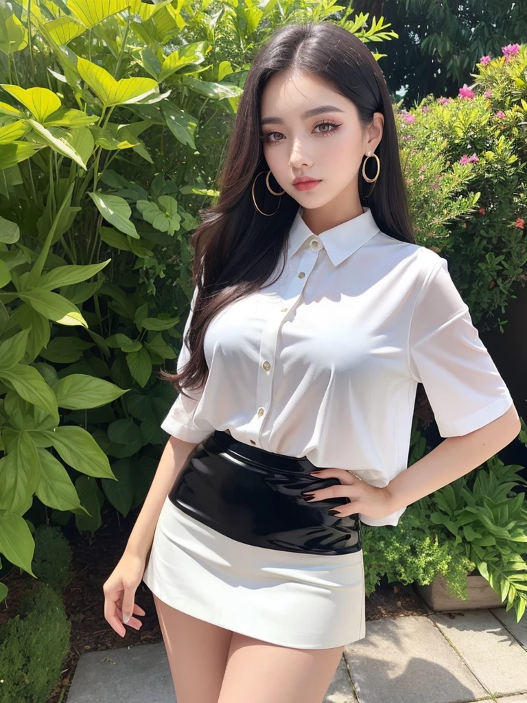 Beautiful woman、A face with glamorous eyeshadow and makeup、Symmetrical eyes、Plump body、Big Tits、Earrings、Standing with legs apart、Strong sunlight、Open-front short-sleeve shirt、Black vinyl micro mini skirt、White pants exposed、garden、From the thigh up