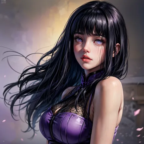 1girl, close up of face, adult, hinata hyuga, the last, shy girl, long black hair, blunt bangs, dark hair, voluminous hair, lave...