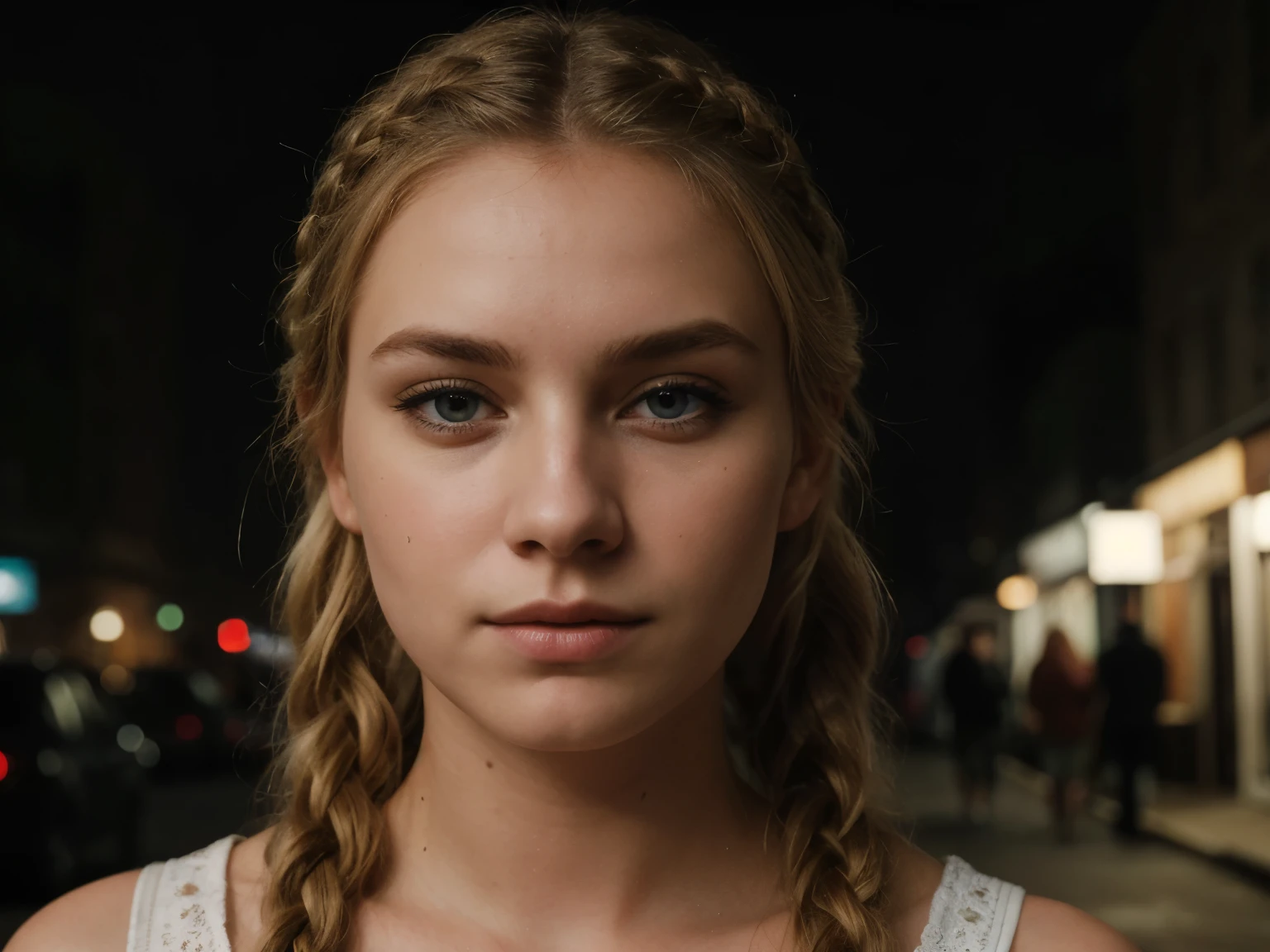 a young caucasian woman with blond braided hair and blue eyes, streaking on a foggy street in front of a flower shop in a pacific northwest town, fog obscures most of her body, dressed in fog, no other people, no words, (best quality,4k,8k,highres,masterpiece:1.2),ultra-detailed,(realistic,photorealistic,photo-realistic:1.37),detailed facial features,extremely detailed eyes and face,longeyelashes,intricate details,ambient lighting,atmospheric,moody,cinematic,dramatic,detailed background, hyperrealistic