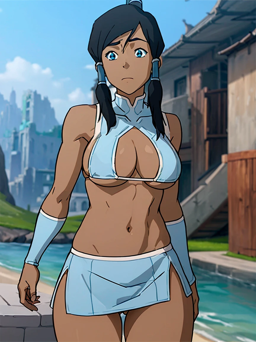 The legend of korra, korra, in full growth,the city in the background,(micro skirt:1.4),(micro bikini, big tits,thongs:1.2),, muscular,