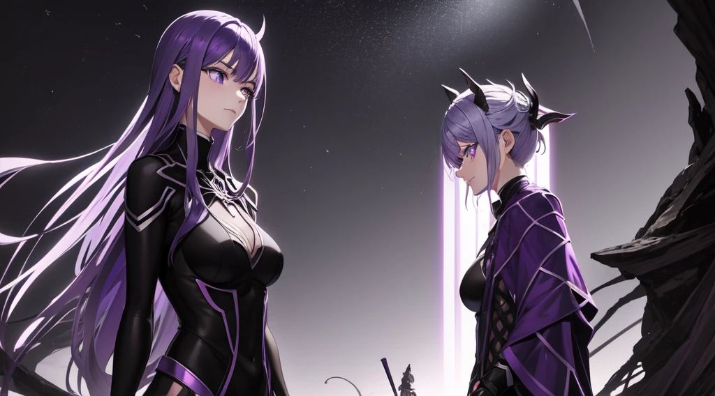 Spider woman with purple body and silver gray hair, armed with a scythe, looms over a shy -yeld boith purple hair in a dark cobweb-filled cave. La escena captura un momento tenso y misterioso, en un estilo anime animado que resalta con luz natural, creando un ambiente intrigante y visualmente cautivador