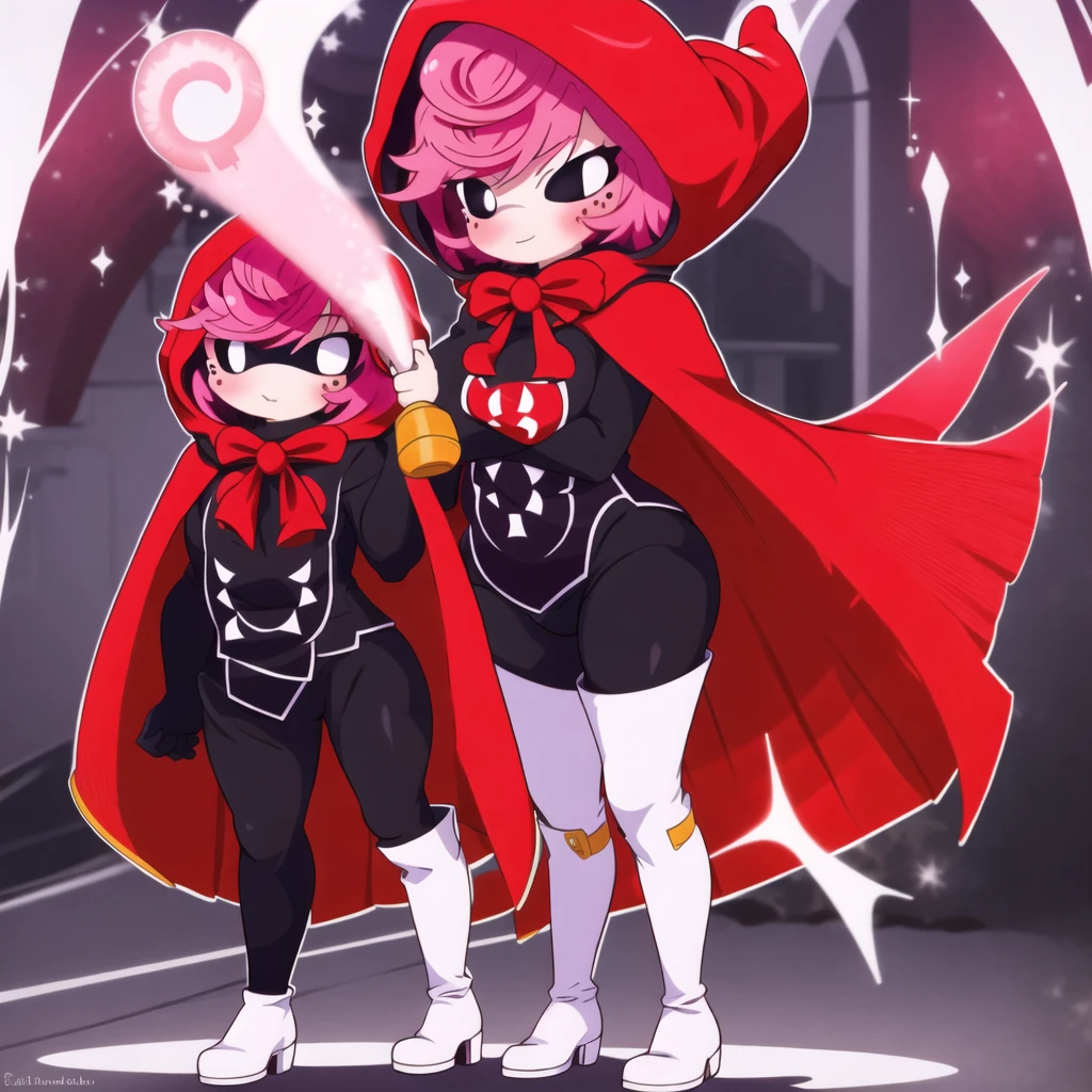 1girl, cape, full body, holding, red hooded cape, medium breasts, medium butt, pink hair, solo decently dressed, black tights, black tight pants, downed fur hood, tilted, high white boots, sexy, standing pose, hot sexy pose