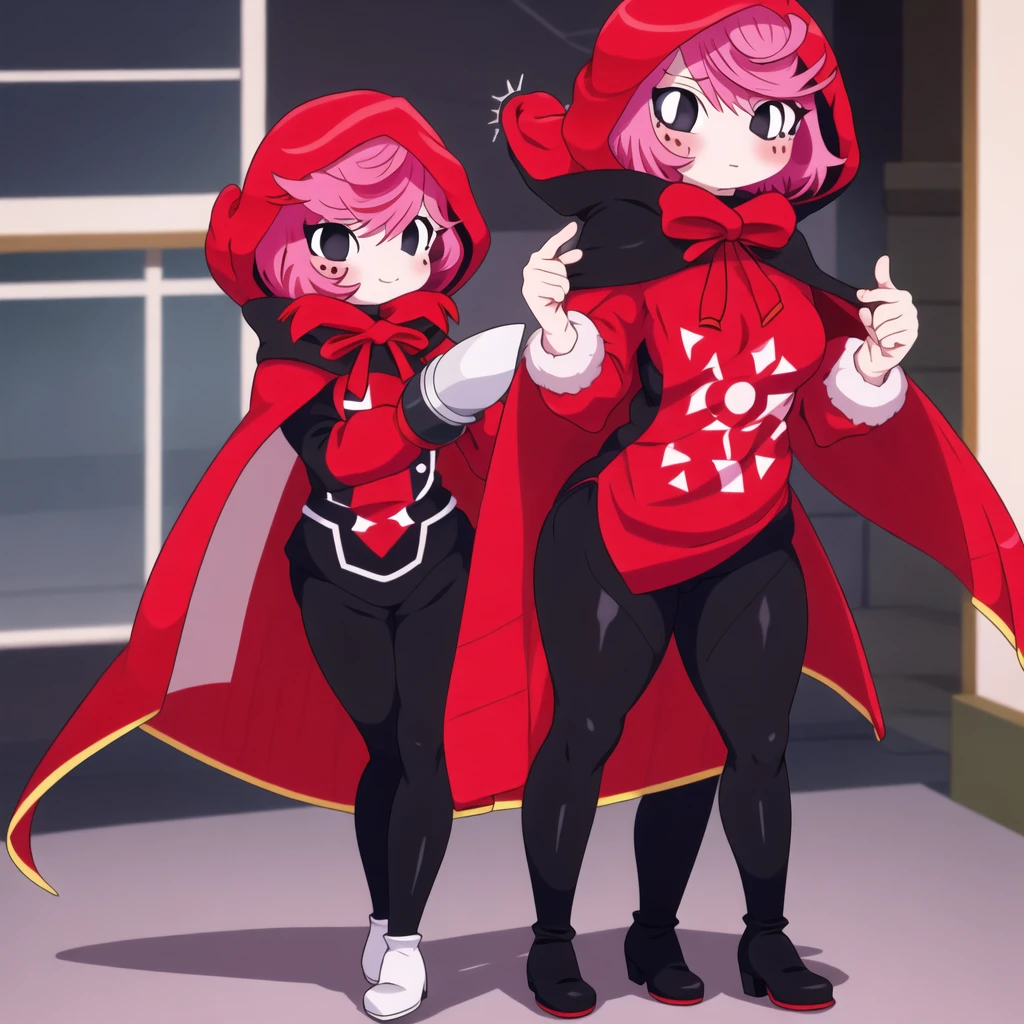 1girl, cape, full body, holding, red hooded cape, medium breasts, medium butt, pink hair, solo decently dressed, black tights, black tight pants, downed fur hood, tilted, high white boots, sexy, standing pose, hot sexy pose