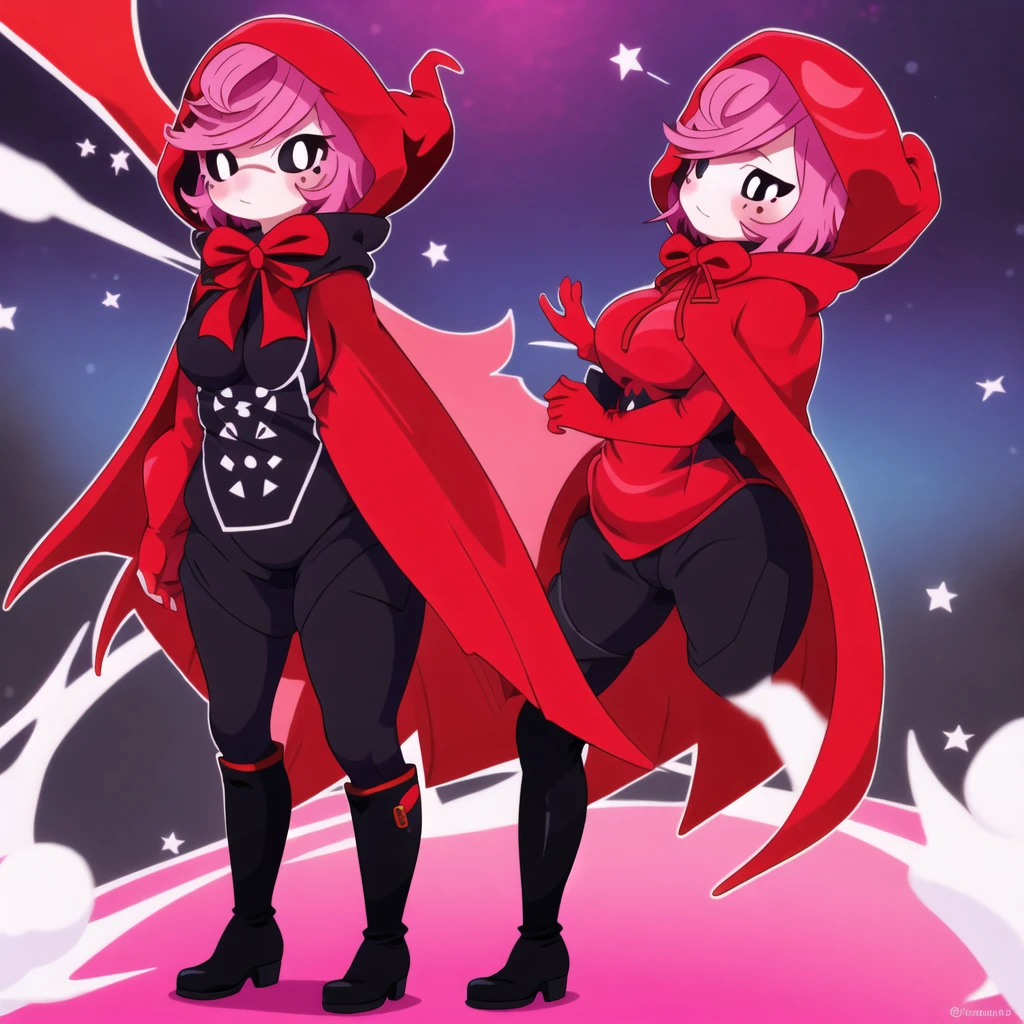 1girl, cape, full body, holding, red hooded cape, medium breasts, medium butt, pink hair, solo decently dressed, black tights, black tight pants, downed fur hood, tilted, high white boots, sexy, standing pose, hot sexy pose