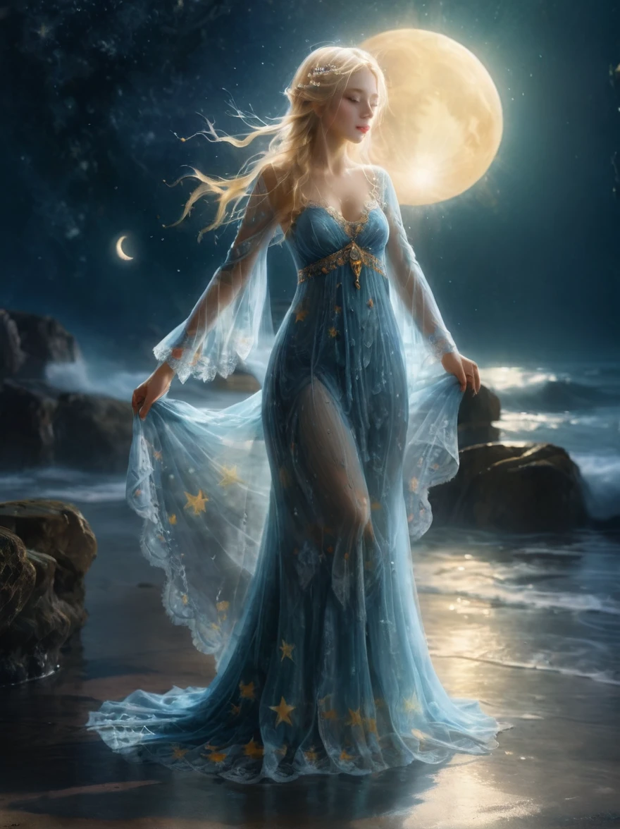 sea maiden in a lace dress water drops space stars moon sun