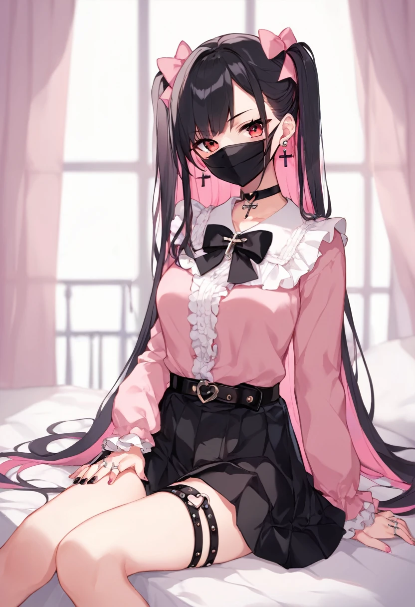(score_9_, score_8_up, score_7_up, source_anime, 8k, masterpiece, best quality, ultra-detailed, an extremely delicate and beautiful, official style, depth of field, highly detailed, very aesthetic, intricate, overall detail, perfect anatomy), looking at viewer, ((faint light:1.2)), sit, on bed, (indorrs, hotel room, love hotel, pink wall, pink bed sheet), (condom box, okamoto condom 0.01), BREAK 1girl, solo, (black hair, pink hair, two-tone hair), long hair, two side up, black hair bow, red eyes, jirai kei, (cross-laced clothes, pink shirt, long sleeves, frilled sleeves), frill, black bowtie, black skirt, sblackuspendersheart brooch, heart earrings, ring, nail polish, pink nails, black nails, (mouth mask, black mouth mask), black belt, o-ring thigh strap, black choker, smirk