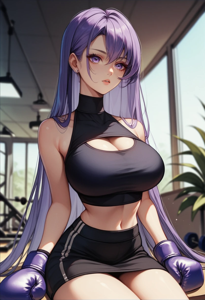  2D anime picture, (anime style 1), single female arrogant boxer, 20 years old, sadistic, Japanese, beautiful long hairstyle, lush breasts, in black high neck crop top, in black short sport skirt with undies, in violet boxing gloves стоит возле боксёрском ринге, in empty gym, night 