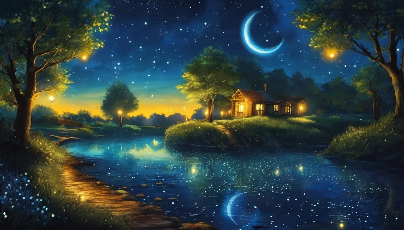 At night, countless fireflies fly around, another world, Fantastic World, Night illuminated by a blue moonlit night, Best image quality.