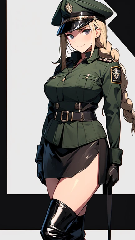 (highest quality,highest quality)、Female Officer、female soldier、uniform、Uniform cap、Mature Woman、NCO、Fallen into evil、female cadres、Exquisite breasts、Bewitching Smile、Villainess、Wicked Smile、latex、Long gloves、Thigh-high boots、Tight Skirt、slit、Strong gloss、Beautiful feet、lure、Venus flytrap、Fascinating