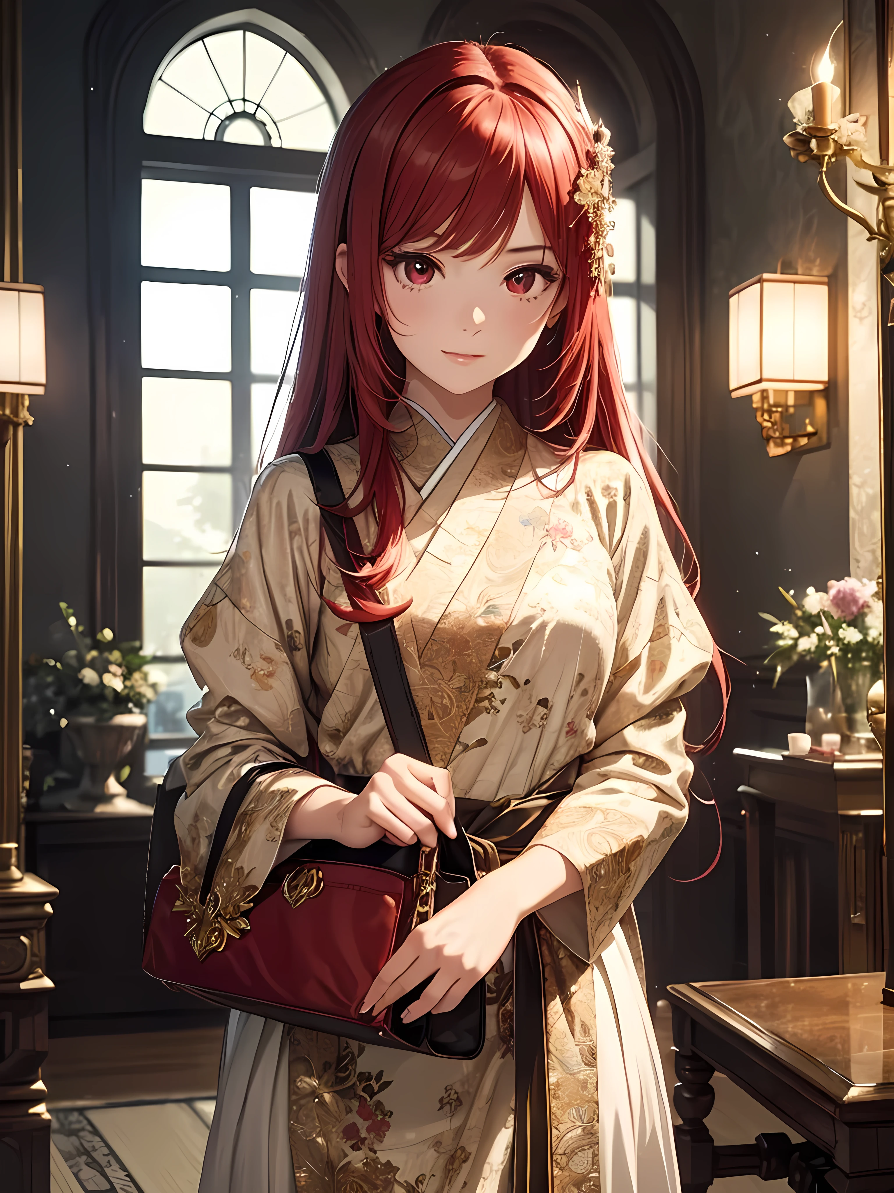 beautiful young woman, anime style, detailed face, red hair, red eyes, delicate features, soft lighting, wearing a stylish fantasy outfit, ready to go out, holding a small bag, standing in a beautifully decorated room, ornate furniture, magical elements, excited expression, dynamic pose, fantasy setting, Japanese anime style, high quality, highly detailed, 8k resolution, cinematic lighting, best quality, vibrant colors, Instagrammable, aesthetic, trendy