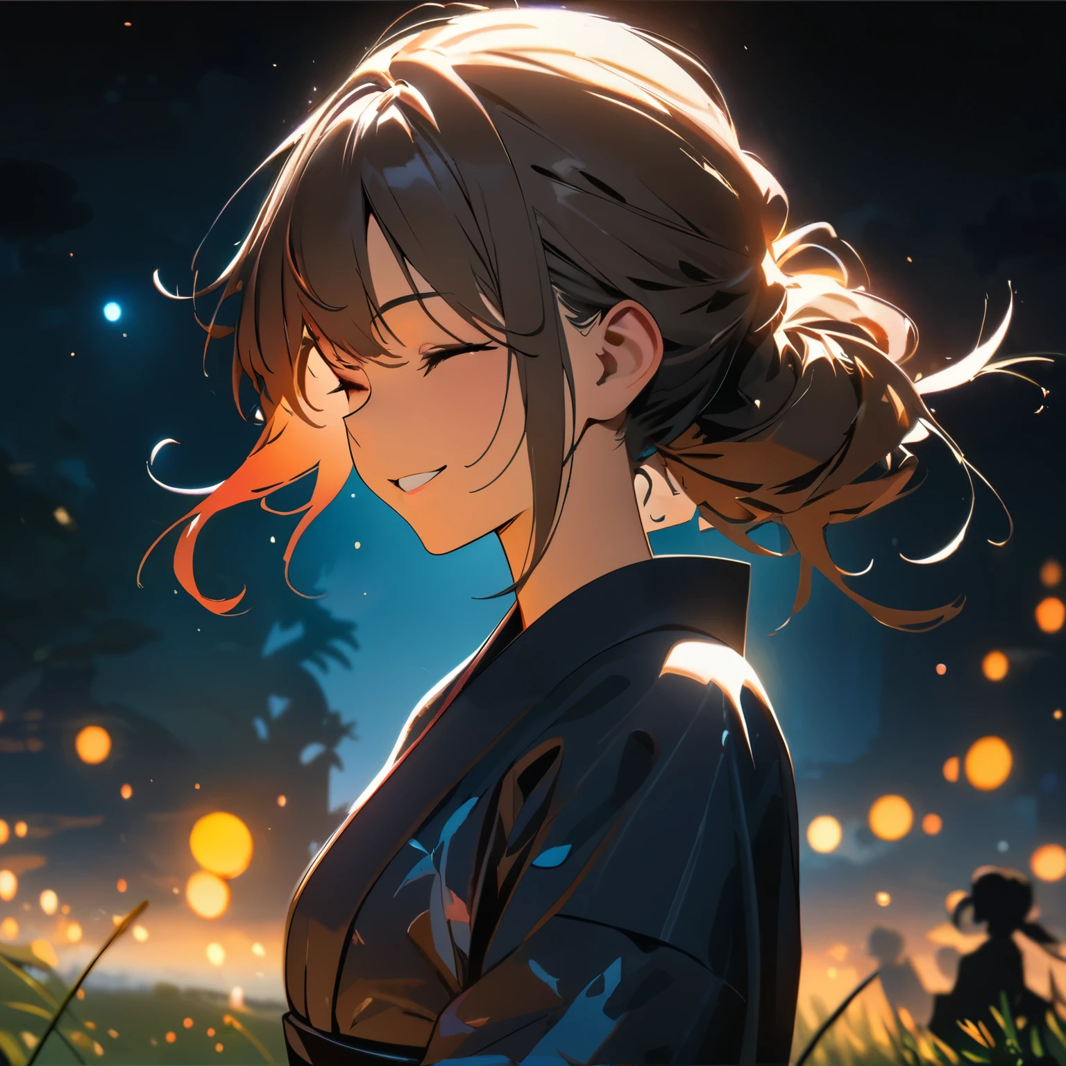 (best quality,8k,highres, masterpiece:1.2), (silhouette art),ultra-detailed, HDR, UHD, studio lighting, ultra-fine painting, sharp focus, physically-based rendering, extreme detail description, professional, vivid colors, bokeh, portraits, concept artists, warm color palette, dramatic lighting,Summer night, woman in navy kimono, updo, big smile, closed eyes, smile towards the screen, quiet lakeside, grass growing around,many fireflies flying, (beautiful hair, glowing skin,)Double Exposure