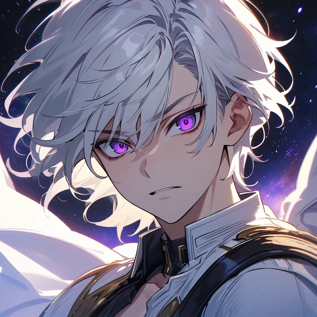 High quality, HD, 4k, handsome male, 1male, 17 years old, teenager, golden lining, short white hair, sharp eyes, dark purple eyes, deep purple eyes, devil may cry, close up, calm expression, stoic expression, black leather clothes, white leather clothing, lean body, upper body, looking at viewer, white solar, space background