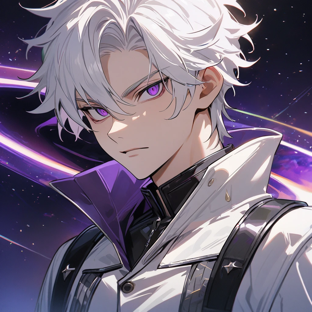 High quality, HD, 4k, handsome male, 1male, 17 years old, teenager, golden lining, short white hair, sharp eyes, dark purple eyes, deep purple eyes, devil may cry, close up, calm expression, stoic expression, black leather clothes, white leather clothing, lean body, upper body, looking at viewer, white solar, space background