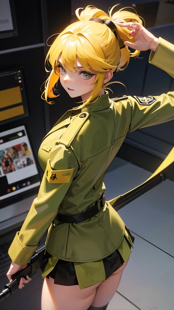 Beautiful girl in military uniform in a short skirt with yellow hair in a ponytail on both sides, wallpaper. 3D