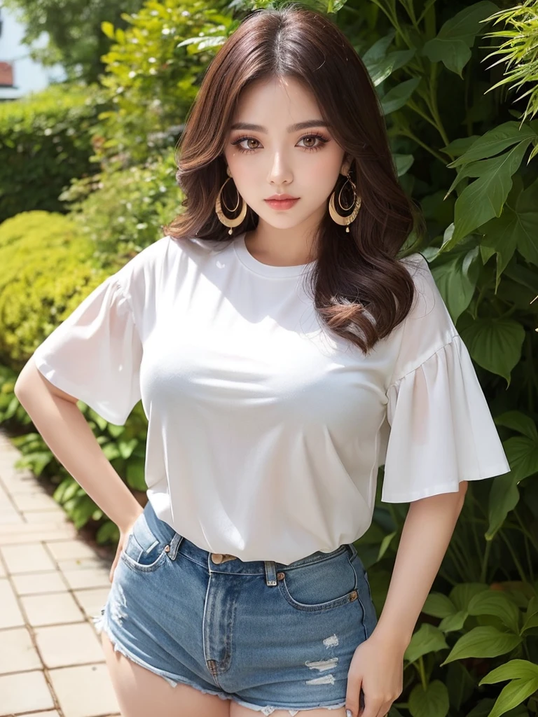 Beautiful woman、A face with glamorous eyeshadow and makeup、Symmetrical eyes、Plump body、Big Tits、Earrings、Standing with legs apart、Strong sunlight、Open-front short-sleeve shirt、Pussy、Thick pubic hair、garden、From the thigh up