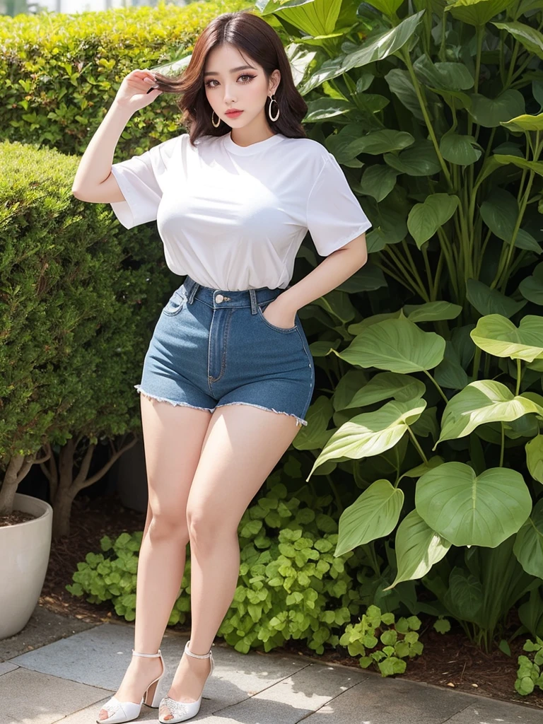 Beautiful woman、A face with glamorous eyeshadow and makeup、Symmetrical eyes、Plump body、Big Tits、Earrings、Standing with legs apart、Strong sunlight、Open-front short-sleeve shirt、Pussy、Thick pubic hair、garden、From the thigh up