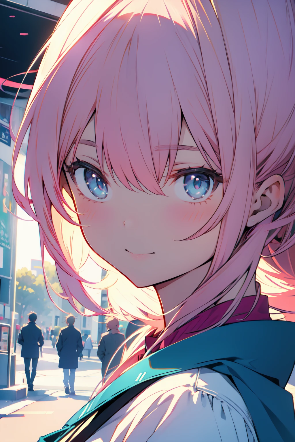 (highest quality:0.8),, (highest quality:0.8), perfect anime illustration, Extreme close-up portrait of a pretty woman walking in the city