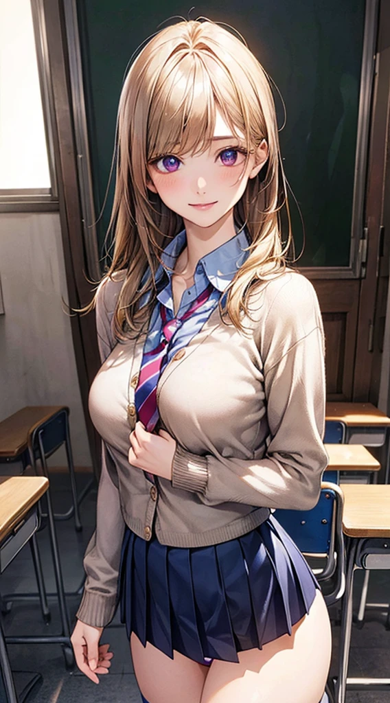 (masterpiece:1.2, top-quality), (realistic, photorealistic:1.4), beautiful illustration, (natural side lighting, movie lighting), NSFW, 
looking at viewer, cowboy shot, front view:0.6, 1 girl, japanese, high school girl, perfect face, cute and symmetrical face, shiny skin, 
(long hair:1.8, straight hair:1.7, blond hair), asymmetrical bangs, purple eyes, (large breasts:1.1, thick thighs), 
beautiful hair, beautiful face, beautiful detailed eyes, beautiful clavicle, beautiful body, beautiful chest, beautiful thigh, beautiful legs, beautiful fingers, 
((light blue collared shirts, navy pleated mini skirt, socks, navy tie, light brown cardigan)), pink panties, 
(beautiful scenery), evening, school, classroom, curtains, walking, hands on chest, (lovely smile, upper eyes), (Naked, showing her vagina)