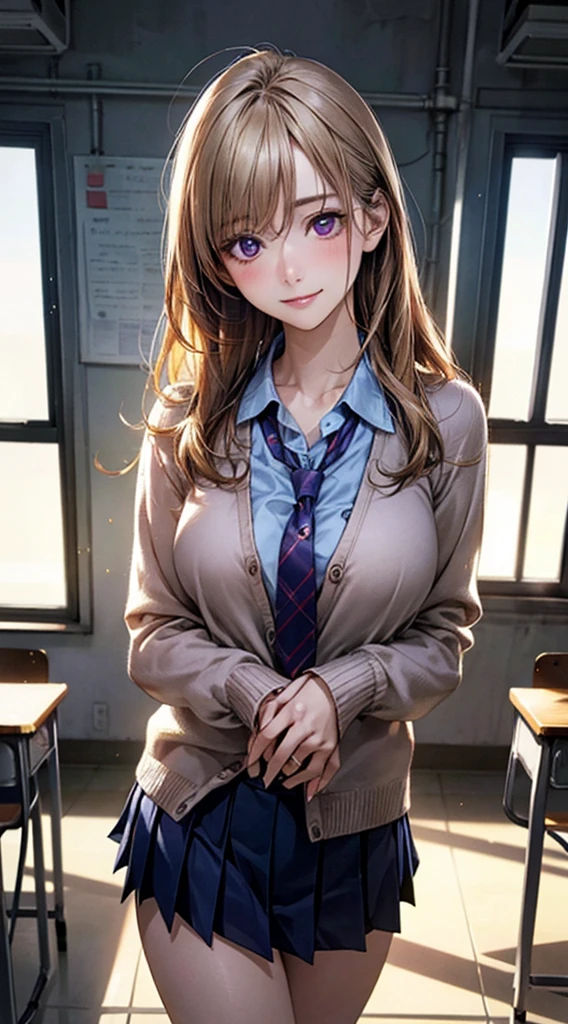 (masterpiece:1.2, top-quality), (realistic, photorealistic:1.4), beautiful illustration, (natural side lighting, movie lighting), NSFW,
looking at viewer, cowboy shot, front view:0.6, 1 girl, japanese, high school girl, perfect face, cute and symmetrical face, shiny skin,
(long hair:1.8, straight hair:1.7, blond hair), asymmetrical bangs, purple eyes, (large breasts:1.1, thick thighs),
beautiful hair, beautiful face, beautiful detailed eyes, beautiful clavicle, beautiful body, beautiful chest, beautiful thigh, beautiful legs, beautiful fingers,
((light blue collared shirts, navy pleated mini skirt, socks, navy tie, light brown cardigan)), pink panties,
(beautiful scenery), evening, school, classroom, curtains, walking, hands on chest, (lovely smile, upper eyes), (Naked, showing her vagina)