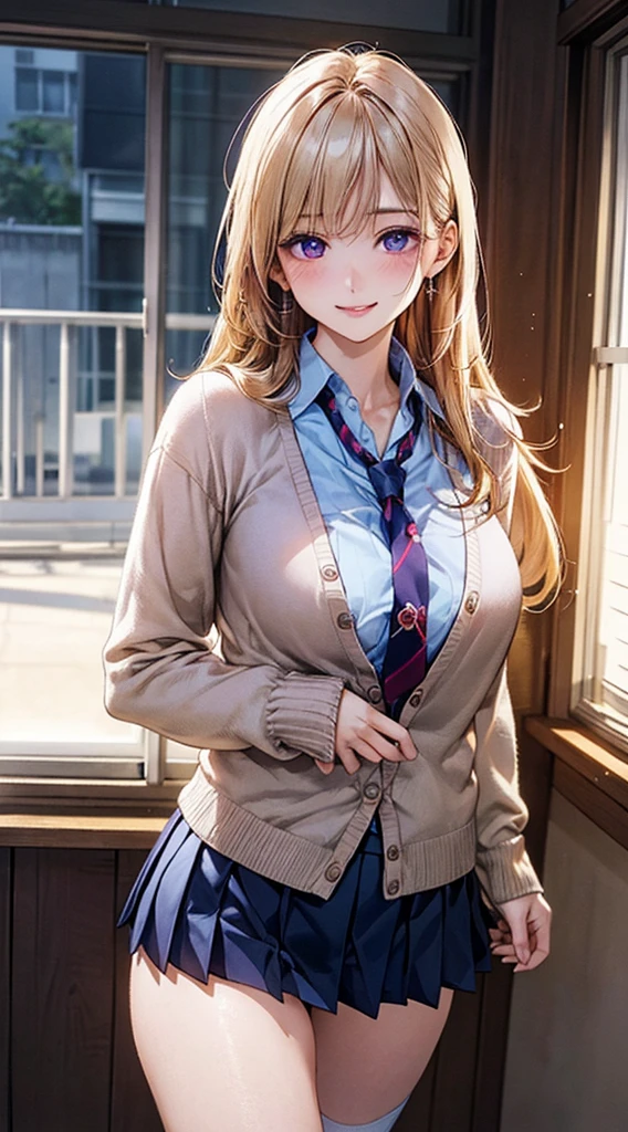 (masterpiece:1.2, top-quality), (realistic, photorealistic:1.4), beautiful illustration, (natural side lighting, movie lighting), NSFW, 
looking at viewer, cowboy shot, front view:0.6, 1 girl, japanese, high school girl, perfect face, cute and symmetrical face, shiny skin, 
(long hair:1.8, straight hair:1.7, blond hair), asymmetrical bangs, purple eyes, (large breasts:1.1, thick thighs), 
beautiful hair, beautiful face, beautiful detailed eyes, beautiful clavicle, beautiful body, beautiful chest, beautiful thigh, beautiful legs, beautiful fingers, 
((light blue collared shirts, navy pleated mini skirt, socks, navy tie, light brown cardigan)), pink panties, 
(beautiful scenery), evening, school, classroom, curtains, walking, hands on chest, (lovely smile, upper eyes), (Naked, showing her vagina)