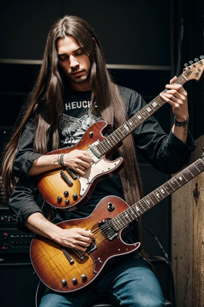 Create metal singer with long hair and guitar in hand 

