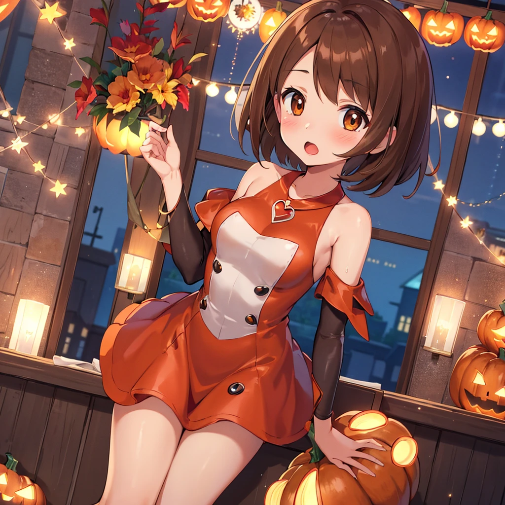 masterpiece, highest quality, High resolution, Gloria1, 1 Girl, Gloria\(Pokémon\), Brown Hair, , Brown Eyes, , Short Hair, , Bobcut, bangs, , 　１Describe a girl carefully　１Girl　Expression in love　blush　Open Mouth　blush　pumpkin　Pumpkin Dresses　Halloween　In town