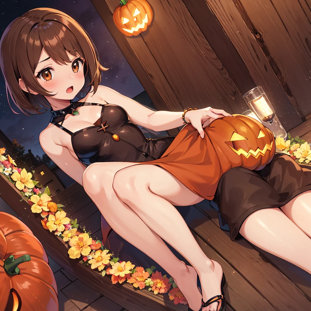 masterpiece, highest quality, High resolution, Gloria1, 1 Girl, Gloria\(Pokémon\), Brown Hair, , Brown Eyes, , Short Hair, , Bobcut, bangs, , 　１Describe a girl carefully　１Girl　Expression in love　blush　Open Mouth　blush　pumpkin　Pumpkin Dresses　Halloween　In town