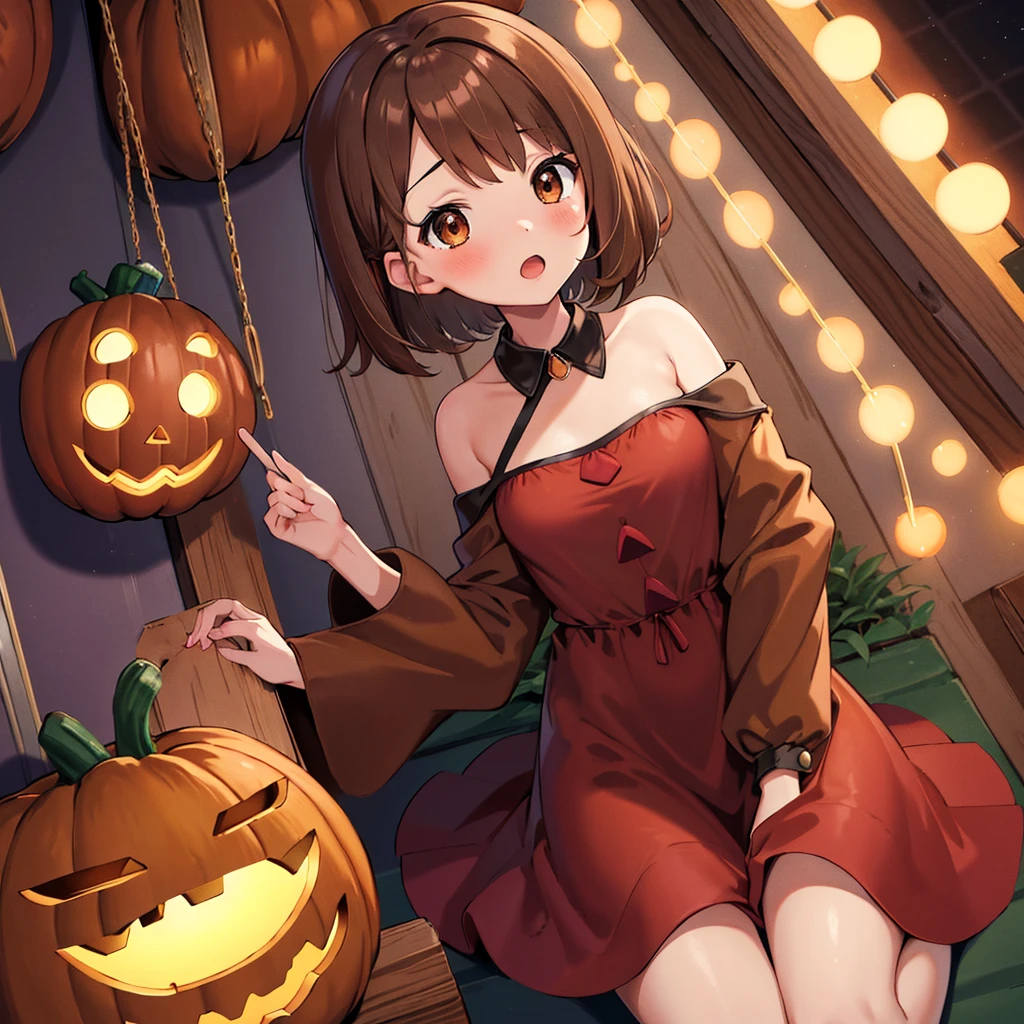 masterpiece, highest quality, High resolution, Gloria1, 1 Girl, Gloria\(Pokémon\), Brown Hair, , Brown Eyes, , Short Hair, , Bobcut, bangs, , 1Describe a girl carefully 1Girl Expression in love blush Open Mouth blush pumpkin Pumpkin Dresses Halloween In town
