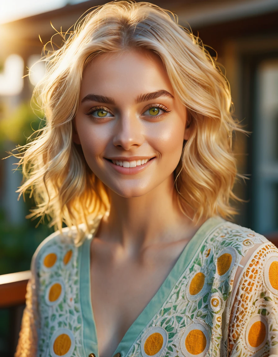 cinematic photo Cinematic image of an 18-year-old blonde woman with macroscopic patterns inspired by the sun. Bright hazel eyes. Highlight concentric circles, radiant sun rays and a balcony backdrop, sexy clothing, using a summery palette of warm yellows, oranges and soft greens. smiling. Look for a serene expression and warm, diffuse lighting to emphasize delicate sun-inspired textures. Photorealistic cinema, 8k UHD natural lighting, raw, rich and intricate details, key visual, atmospheric lighting, 35mm photography, film, bokeh, professional, 4k, highly detailed. Shallow depth of field, vignette, highly detailed, high budget, bokeh, cinemascope, vibrant, epic, gorgeous, film grain, grainy, cinematic photorealistic, 8k uhd natural lighting, raw, rich and intricate details, key visual, atmospheric lighting, 35mm photography, film, bokeh, professional, 4k, highly detailed, cinematic, colorful background, concept art, 8k, dramatic lighting, high detail, highly detailed, hyper realistic, intricate, intricate sharp details, octane rendering, soft, lighting study, trend in artstation. . 35mm photography, film, bokeh, professional, 4k, highly detailed