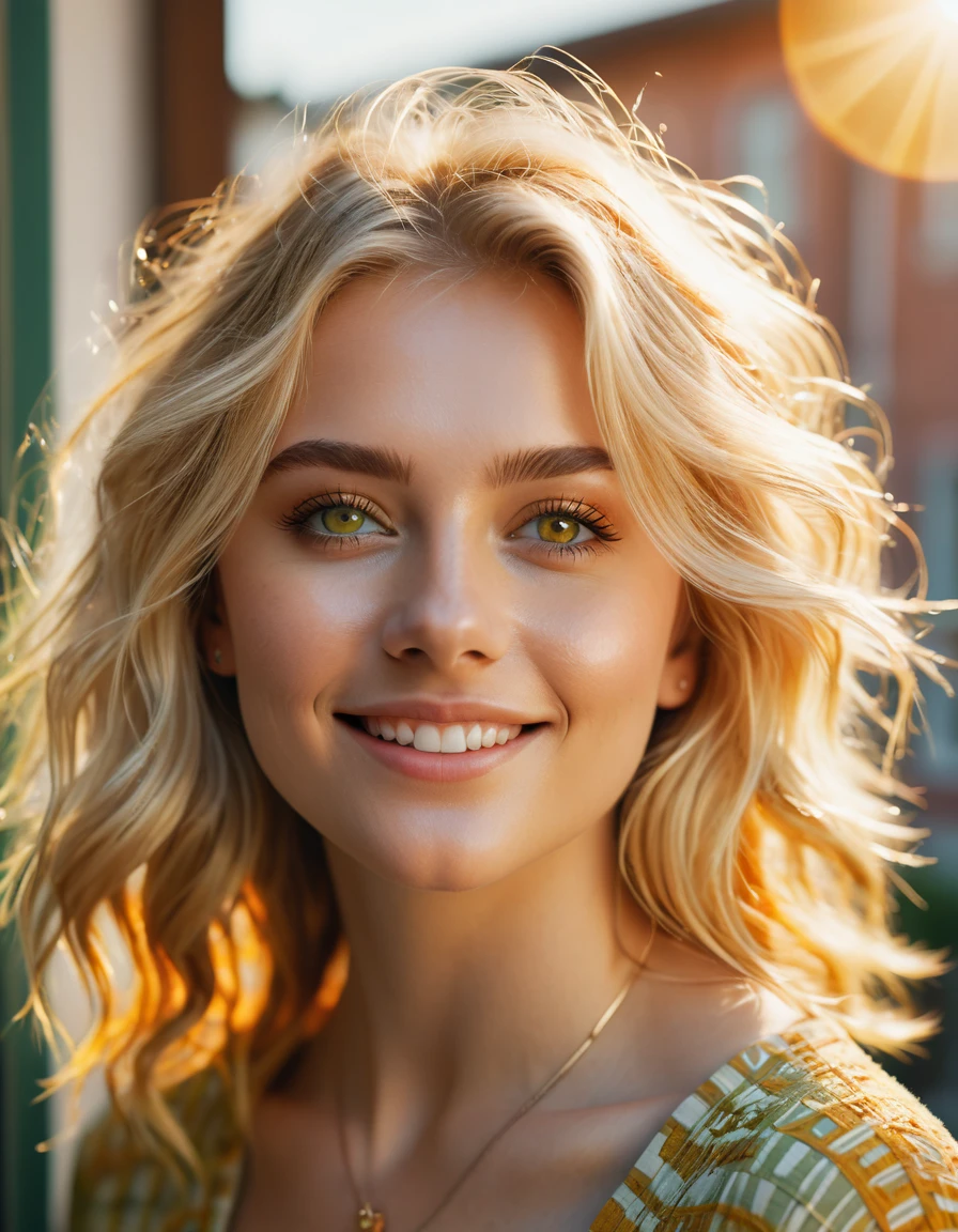 cinematic photo Cinematic image of an 18-year-old blonde woman with macroscopic patterns inspired by the sun. Bright hazel eyes. Highlight concentric circles, radiant sun rays and a balcony backdrop, sexy clothing, using a summery palette of warm yellows, oranges and soft greens. smiling. Look for a serene expression and warm, diffuse lighting to emphasize delicate sun-inspired textures. Photorealistic cinema, 8k UHD natural lighting, raw, rich and intricate details, key visual, atmospheric lighting, 35mm photography, film, bokeh, professional, 4k, highly detailed. Shallow depth of field, vignette, highly detailed, high budget, bokeh, cinemascope, vibrant, epic, gorgeous, film grain, grainy, cinematic photorealistic, 8k uhd natural lighting, raw, rich and intricate details, key visual, atmospheric lighting, 35mm photography, film, bokeh, professional, 4k, highly detailed, cinematic, colorful background, concept art, 8k, dramatic lighting, high detail, highly detailed, hyper realistic, intricate, intricate sharp details, octane rendering, soft, lighting study, trend in artstation. . 35mm photography, film, bokeh, professional, 4k, highly detailed